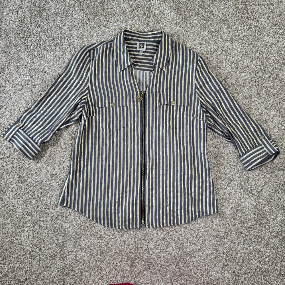 Anne Klein Womens M Blue Gold Metallic Striped‎ Zip Front Lion Head Blouse